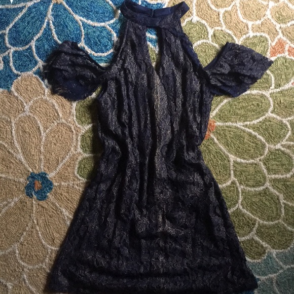 Francesca's Collections Dresses & Skirts - Francesca’s off the shoulder navy&gold lace dress